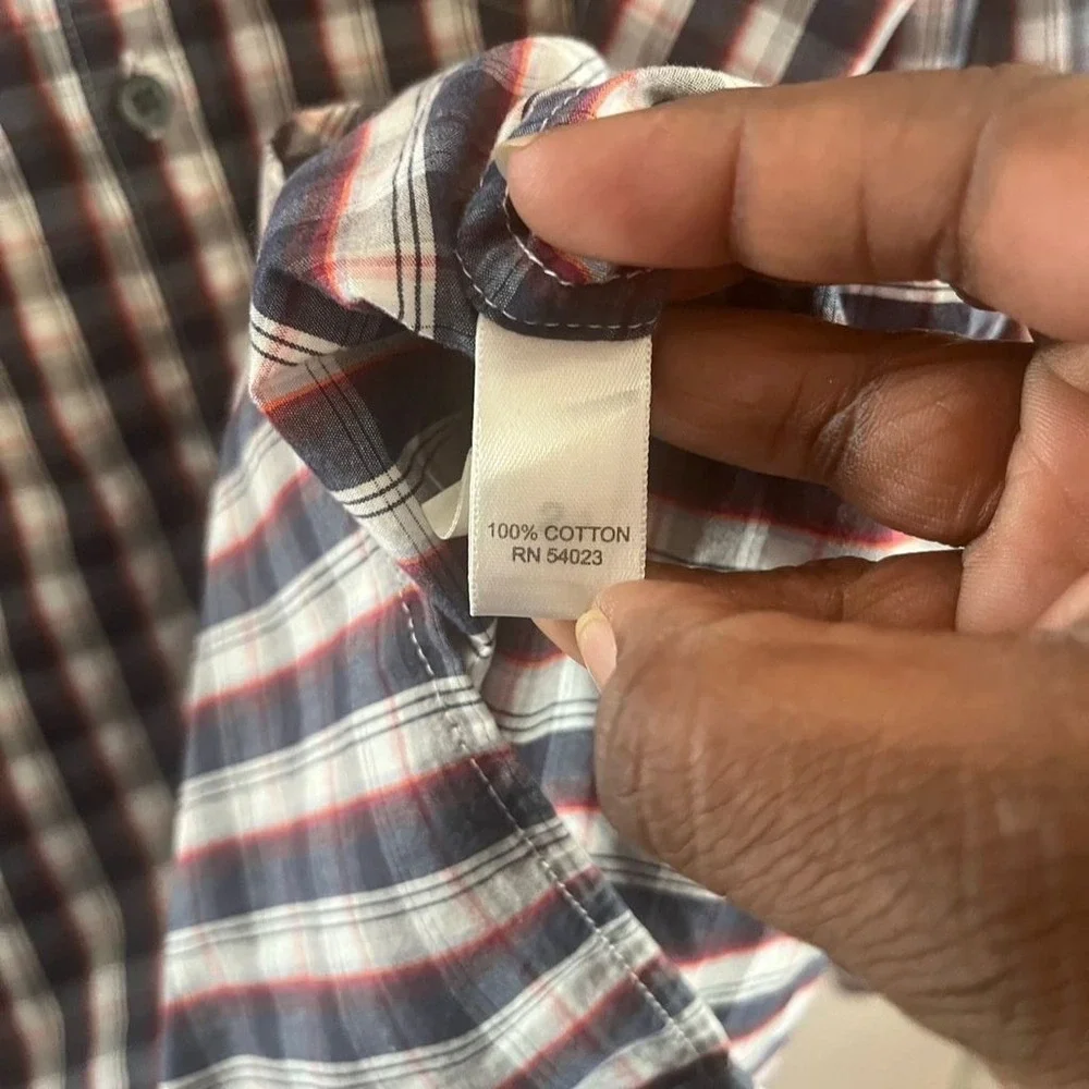 Banana Republic Mens Large 16-16.5 Plaid Button Down‎ Shirt Navy Red White